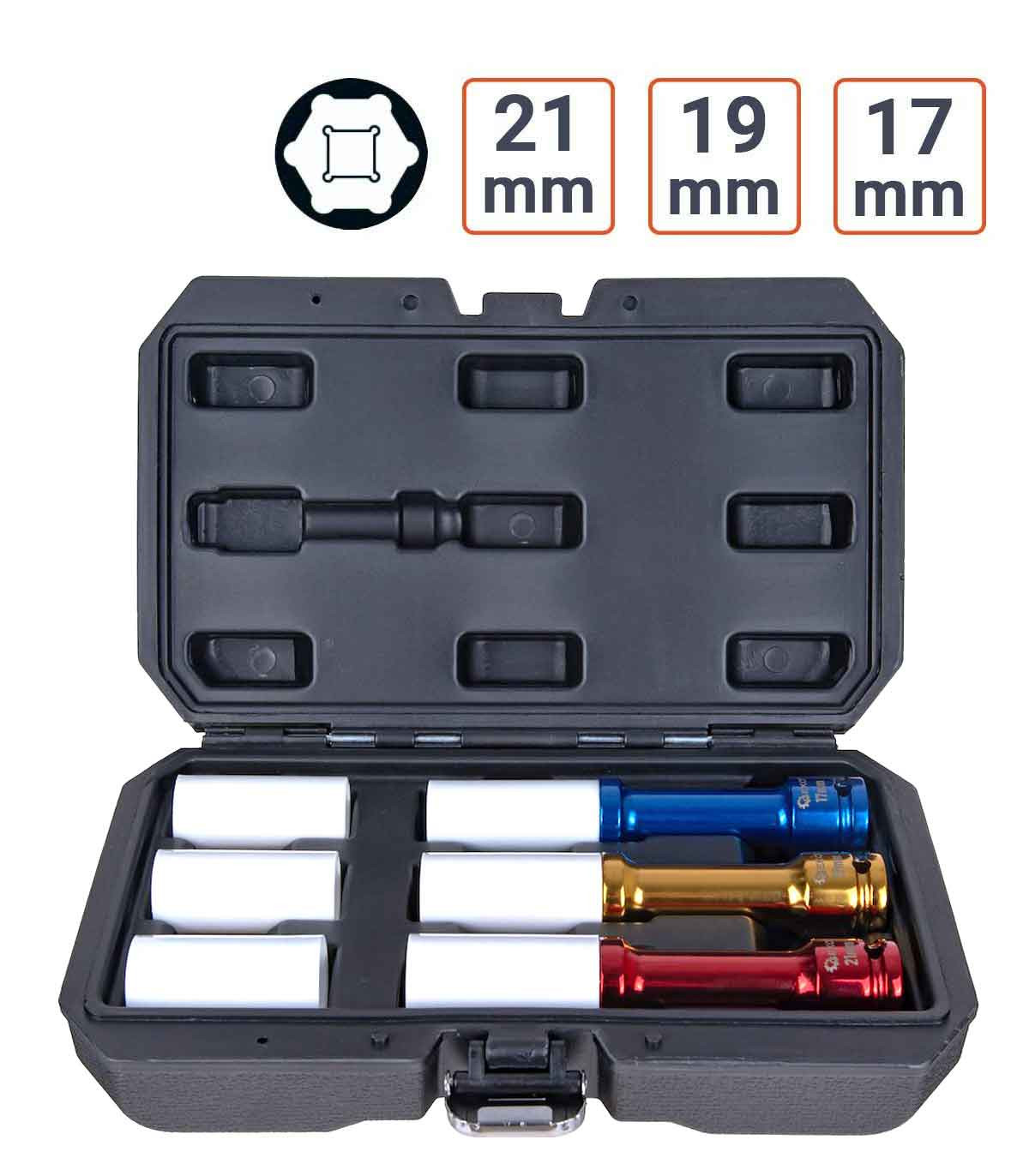 Coffret Douilles à choc 1/2 Extra Longues 150 mm 17 19 21 mm avec protection de rechange