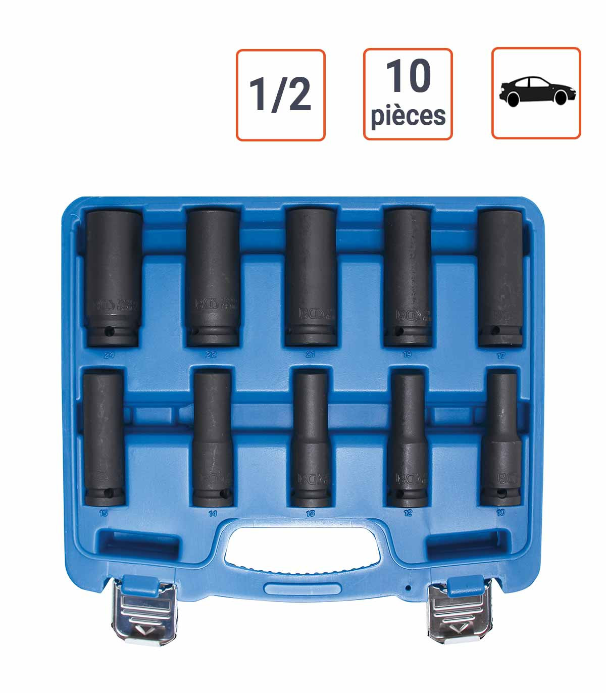Coffret douilles à choc Longues 1/2" 10 - 24 mm 10 pièces