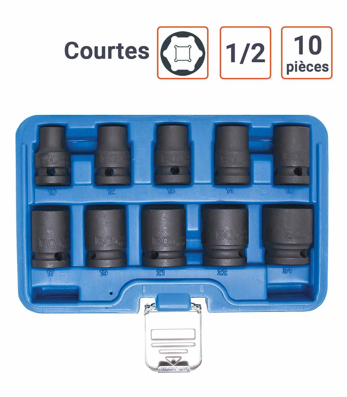 Coffret 10 douilles à choc 1/2 en 6 pans de 10 à 24 mm