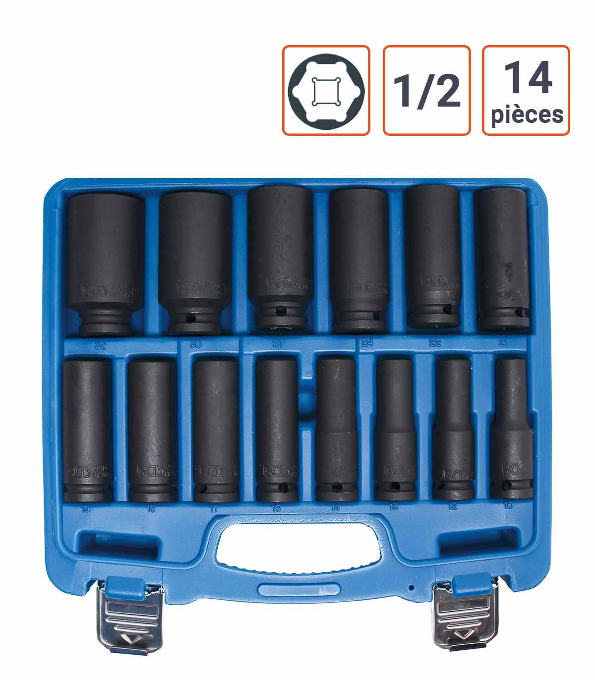 Coffret 14 douilles à choc 1/2 Longues de 10 à 32 mm
