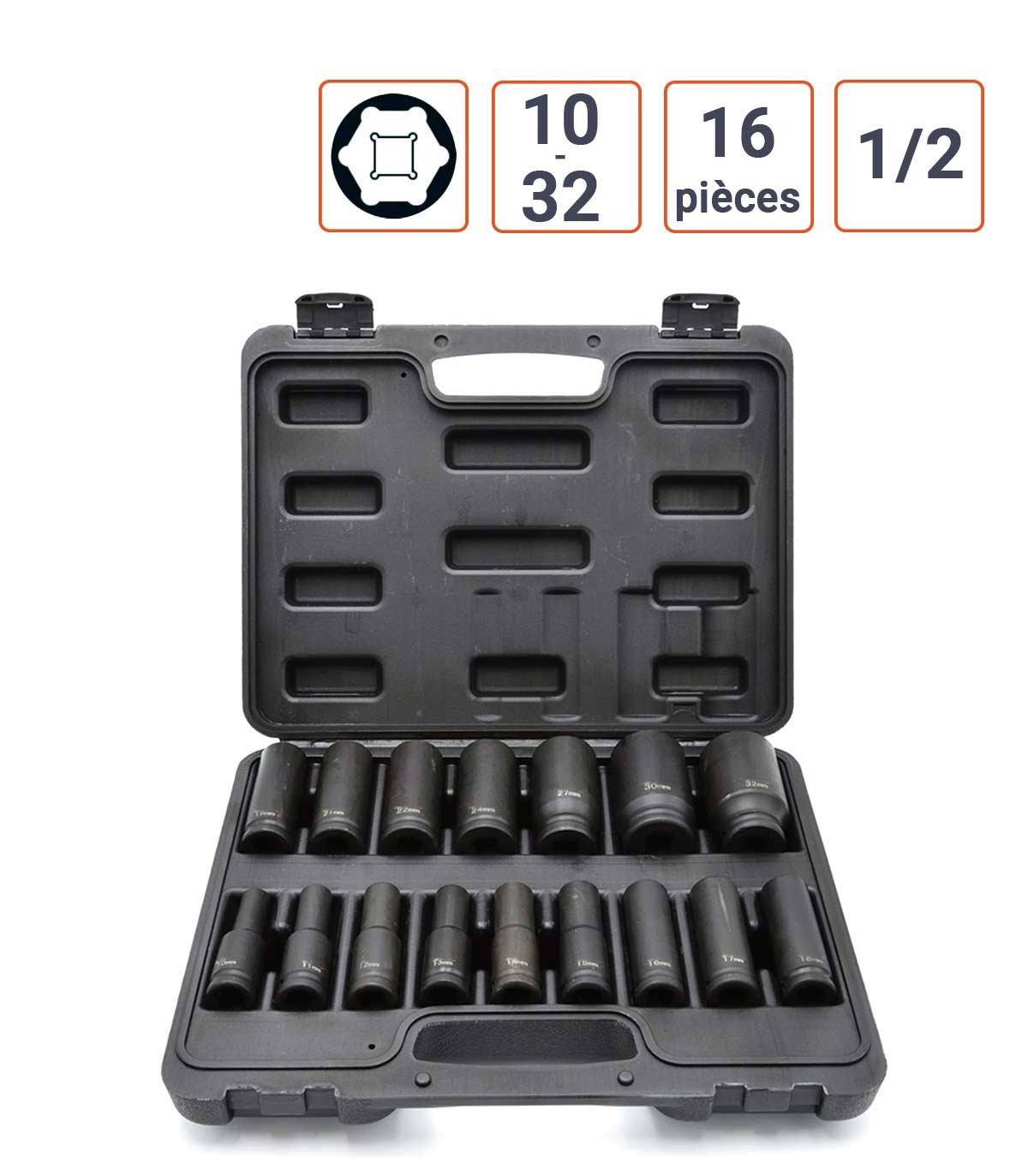 Coffret 16 douilles à choc 1/2 Longues de 10 à 32 mm