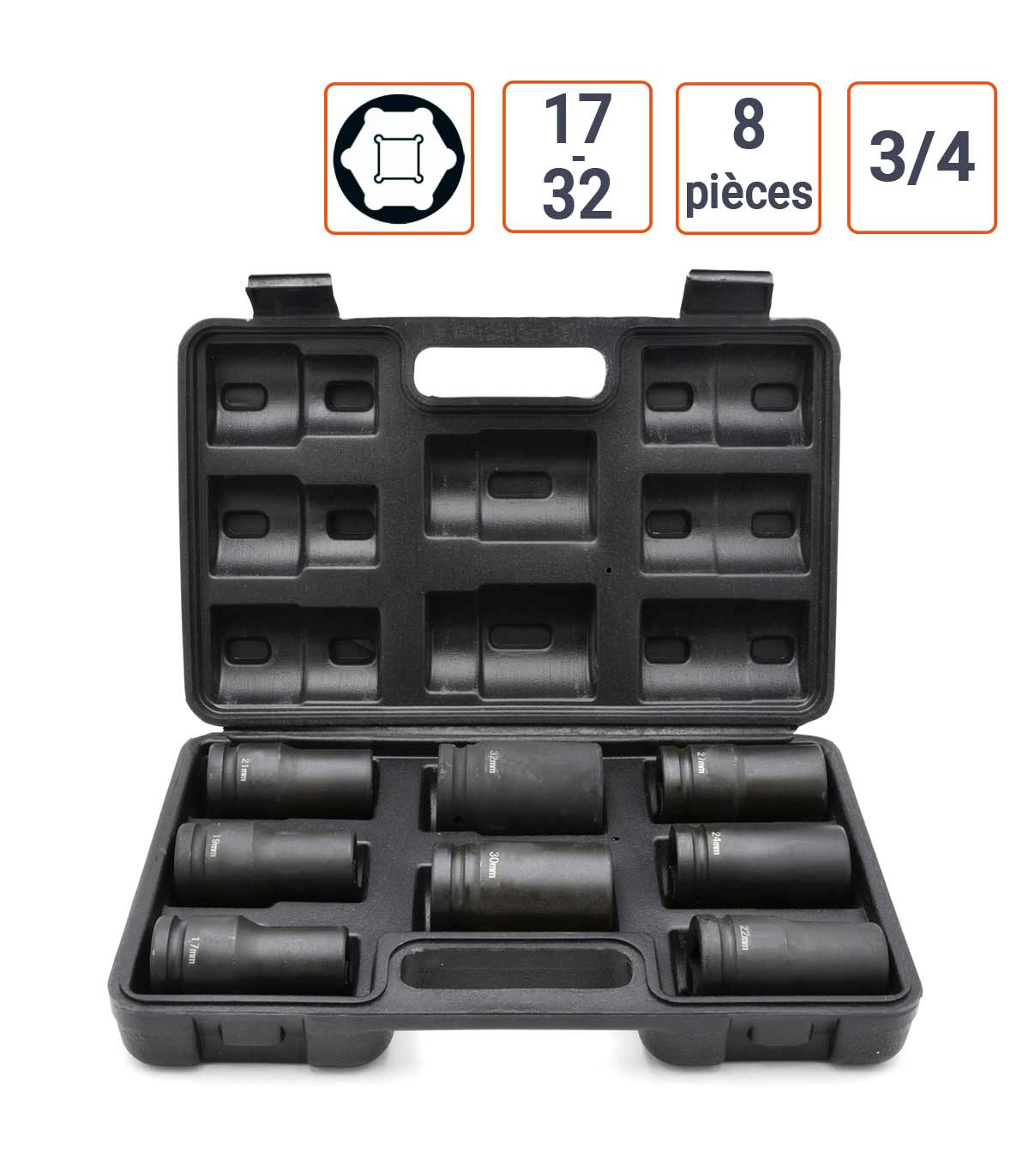 Coffret 8 douilles à chocs 3/4 Longues de 17 à 32 mm