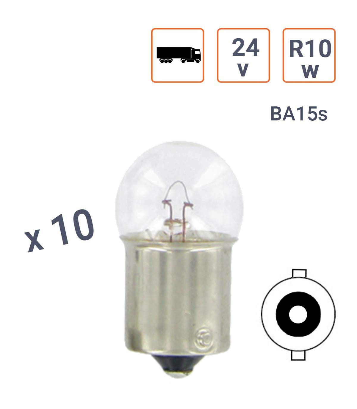 Ampoule R10W 24V tube Culot BA15S - boite de 10 ex.