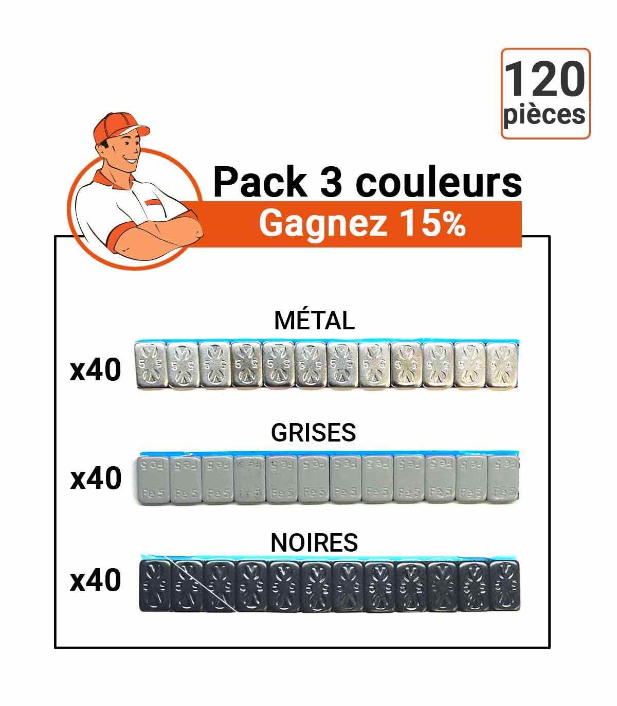 Pack Masses adhésives 3 couleurs : Métal, Grises, Noires.