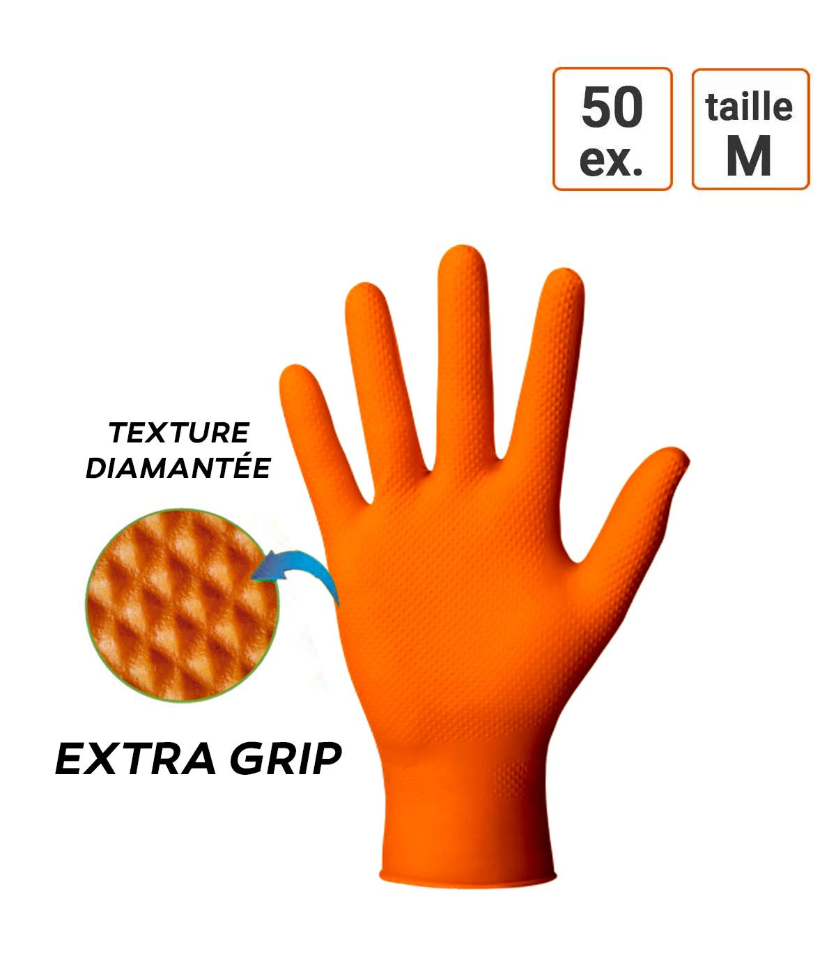Gants Nitrile ORANGE taille M Extra Grip boite de 50 gants