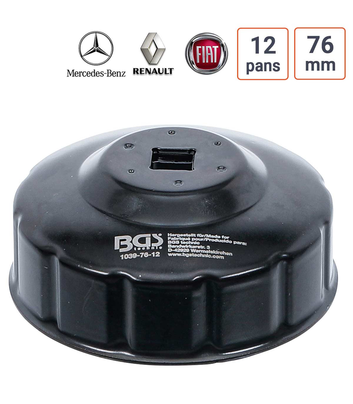Cloche à filtre à huile 12 pans 76 mm pour Fiat, Mercedes, Renault