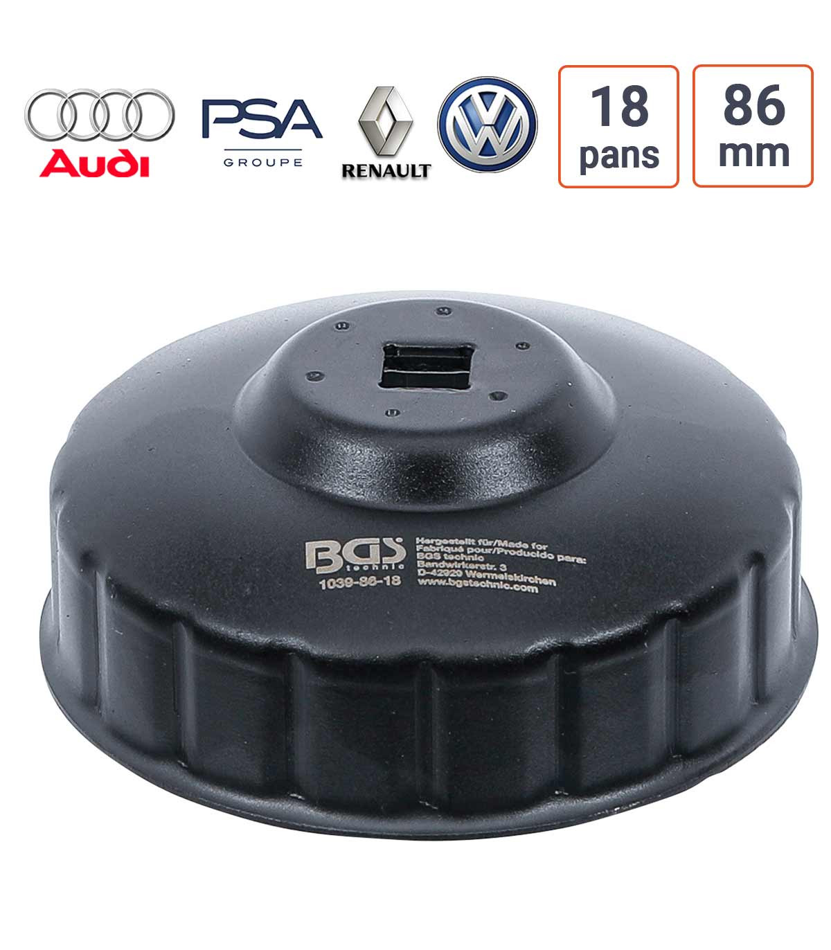 Cloche à filtre à huile 18 pans 86 mm pour Audi, PSA, Renault, GOlf