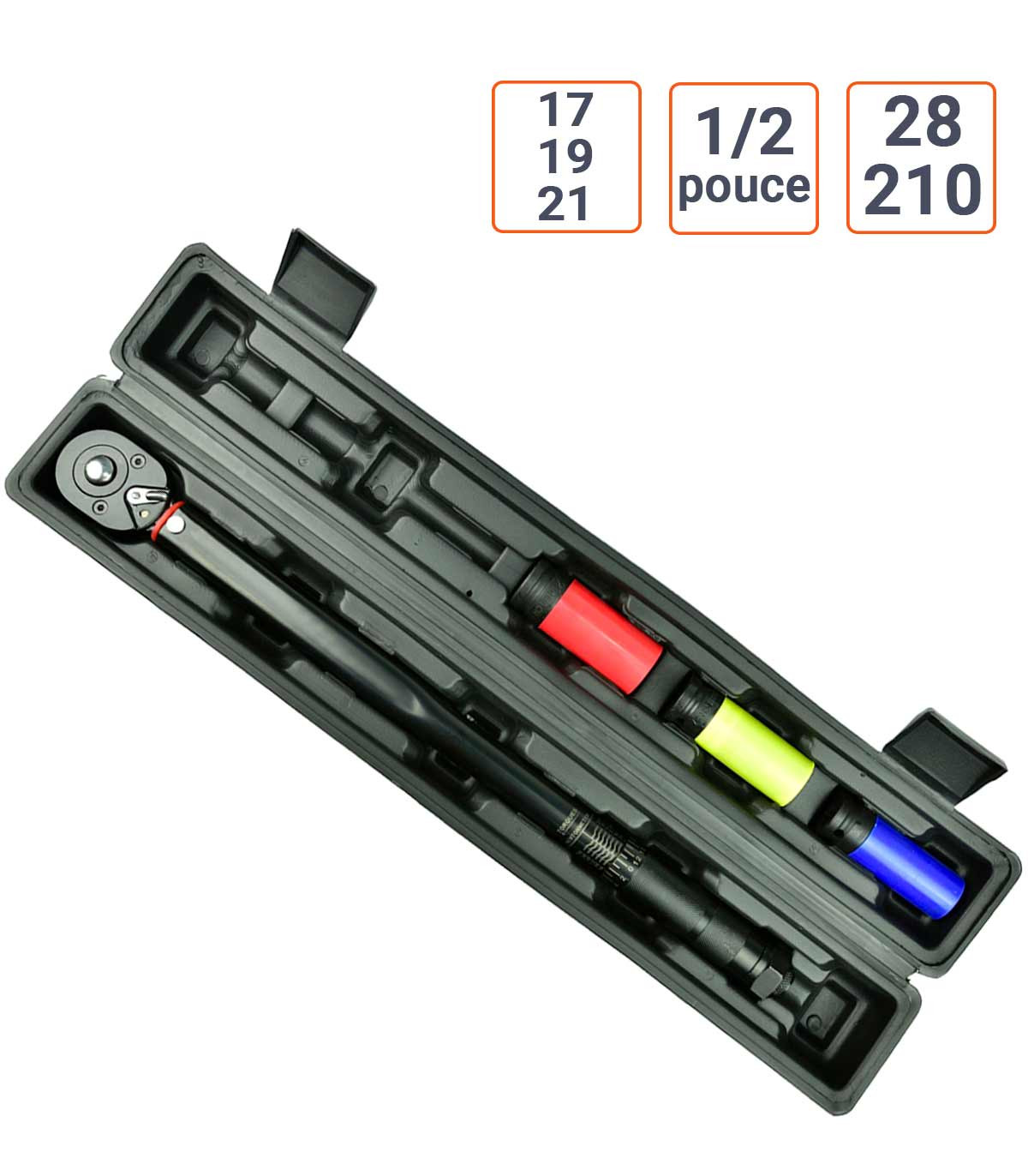 Clé dynamométrique 1/2 pouce 28-210 Nm coffret avec 17, 19, 21 mm