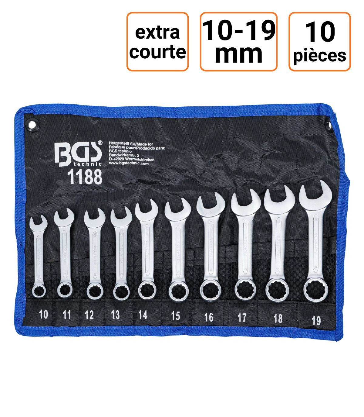 Jeu de 10 clés mixte extra courtes 10 à 19 mm