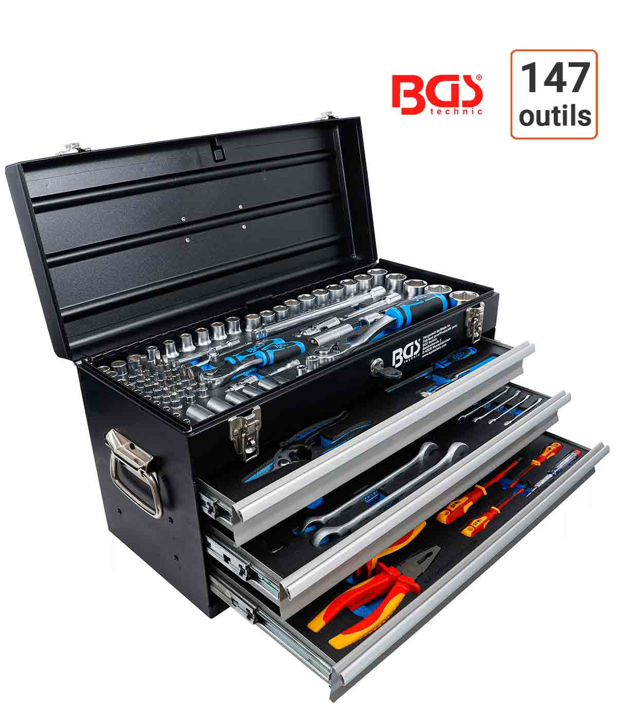 Caisse à outils métallique BGS 3 tiroirs avec 147 outils