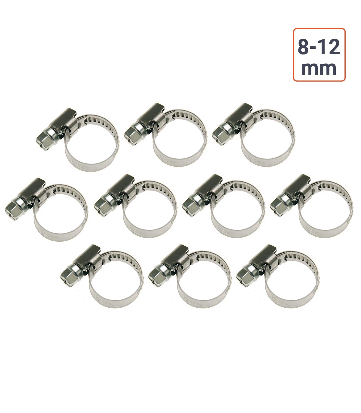 10 colliers à vis inoxydable pour tuyau 8 à 12 mm