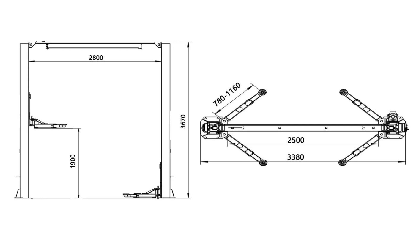 Pont 2 colonnes sans embase à colonnes en tôle pliée, déverrouillage d'un côté HG-2L-40B — Dimensions (plan coté)