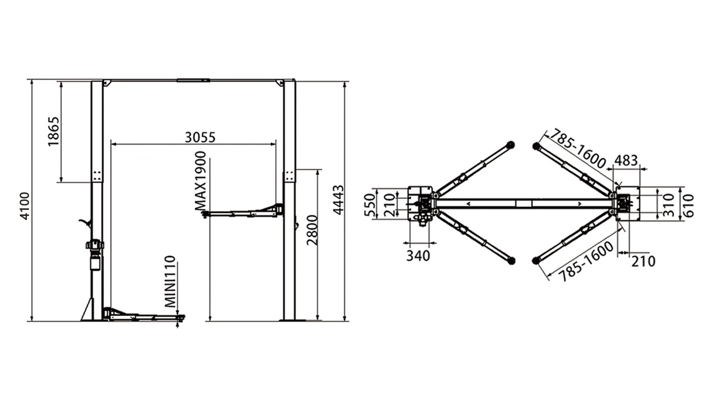 Pont 2 colonnes sans embase 5,5 t, hauteur 4,1 m, déverrouillage manuel unilatéral HG-2L-55B — Dimensions (plan coté)