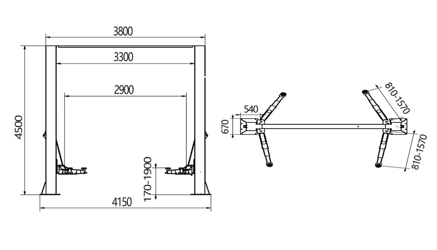 Pont 2 colonnes sans embase à déverrouillage électrique HG-2L-80C — Dimensions (plan coté)