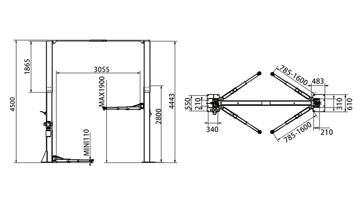 Pont 2 colonnes sans embase à déverrouillage manuel unilatéral HG-2LD-55BS — Dimensions (plan coté)