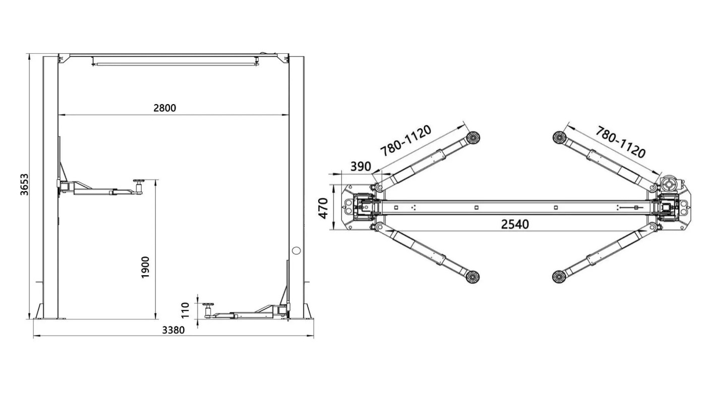 Pont 2 colonnes sans embase à colonnes tubulaires, déverrouillage manuel des deux côtés HG-2LG-40A — Dimensions (plan coté)