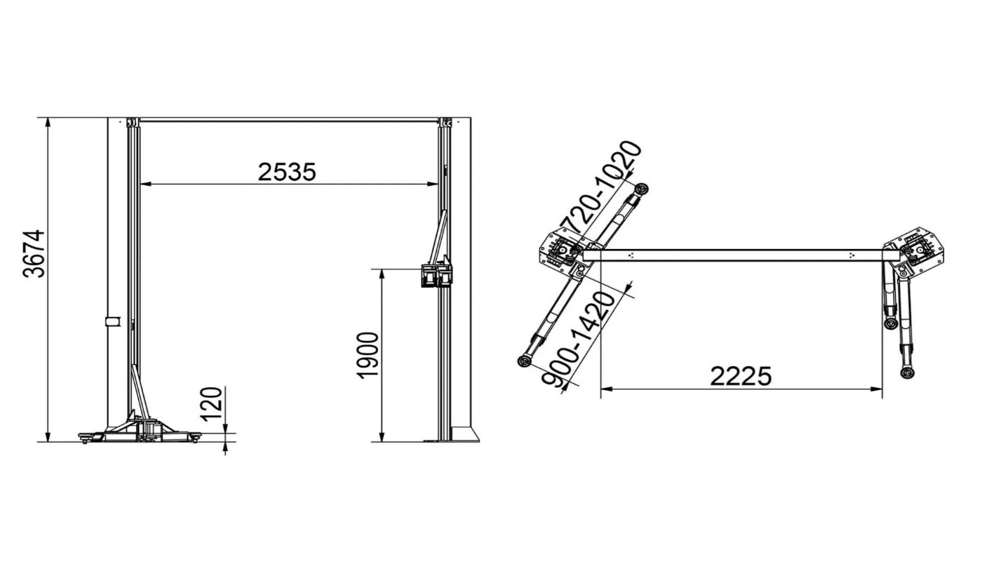 Pont 2 colonnes sans embase asymétrique HG-2LM-50B — Dimensions (plan coté)