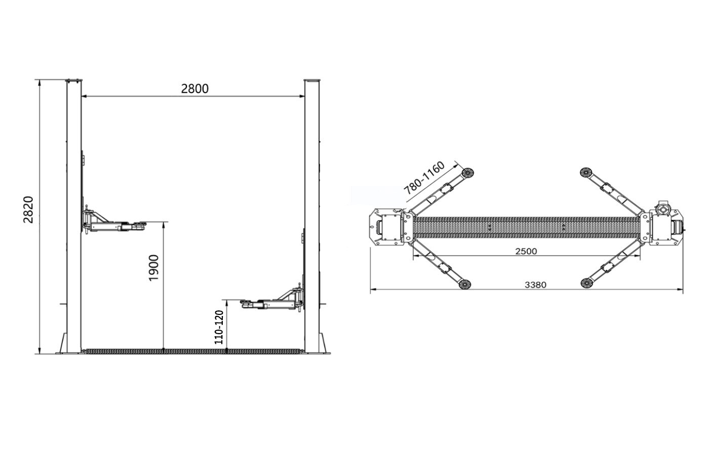 Pont 2 colonnes 5,5 t à déverrouillage manuel bilatéral HG-2Z-55A — Dimensions (plan coté)