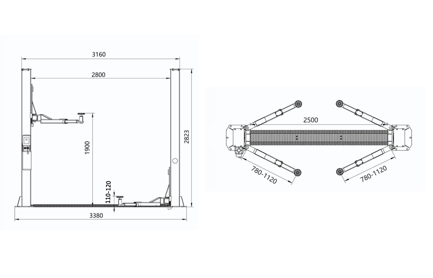 Pont 2 colonnes à déverrouillage manuel bilatéral HG-2ZG-40A — Dimensions (plan coté)