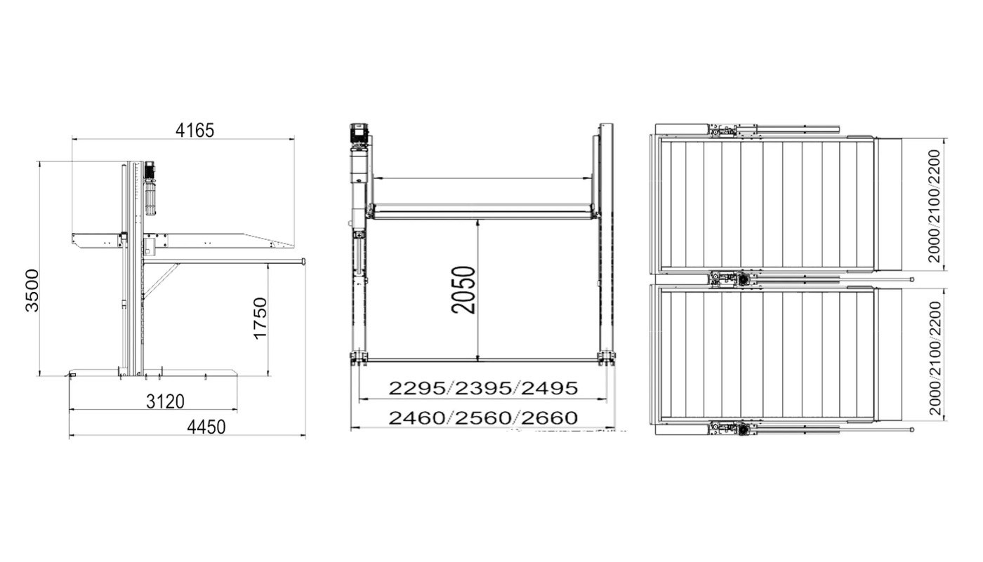 Pont de parking 2 colonnes HG-2ZT-35A — Dimensions (plan coté)