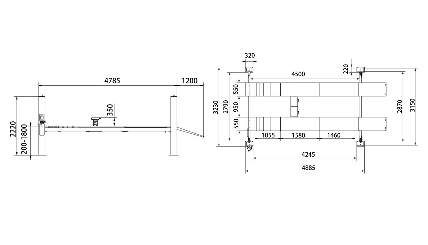 Pont élévateur 4 colonnes HG-4Z-40A — Dimensions (plan coté)