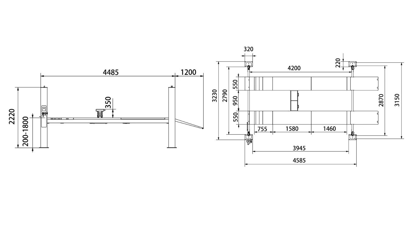Pont élévateur 4 colonnes HG-4Z-40B — Dimensions (plan coté)