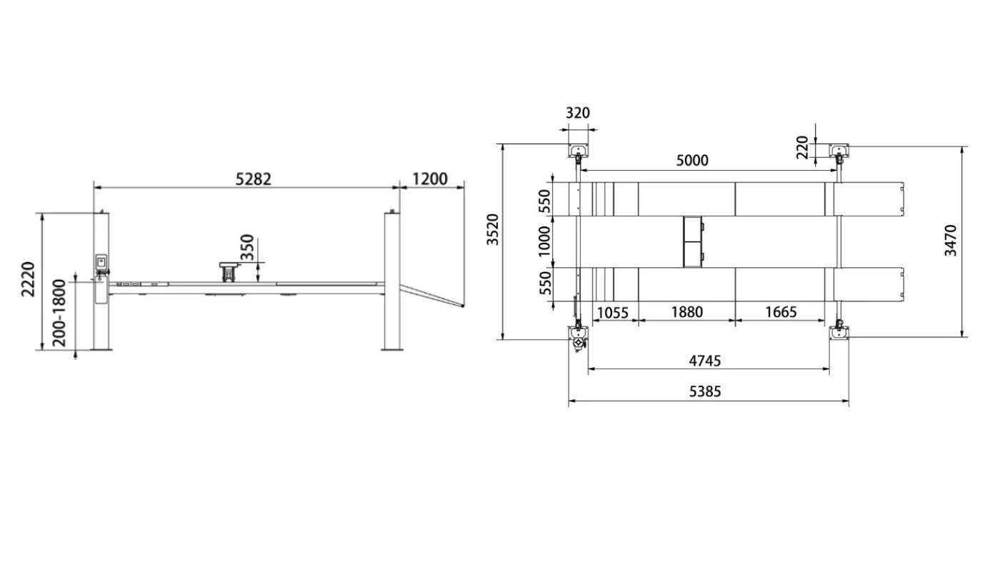 Pont élévateur 4 colonnes HG-4Z-50D — Dimensions (plan coté)