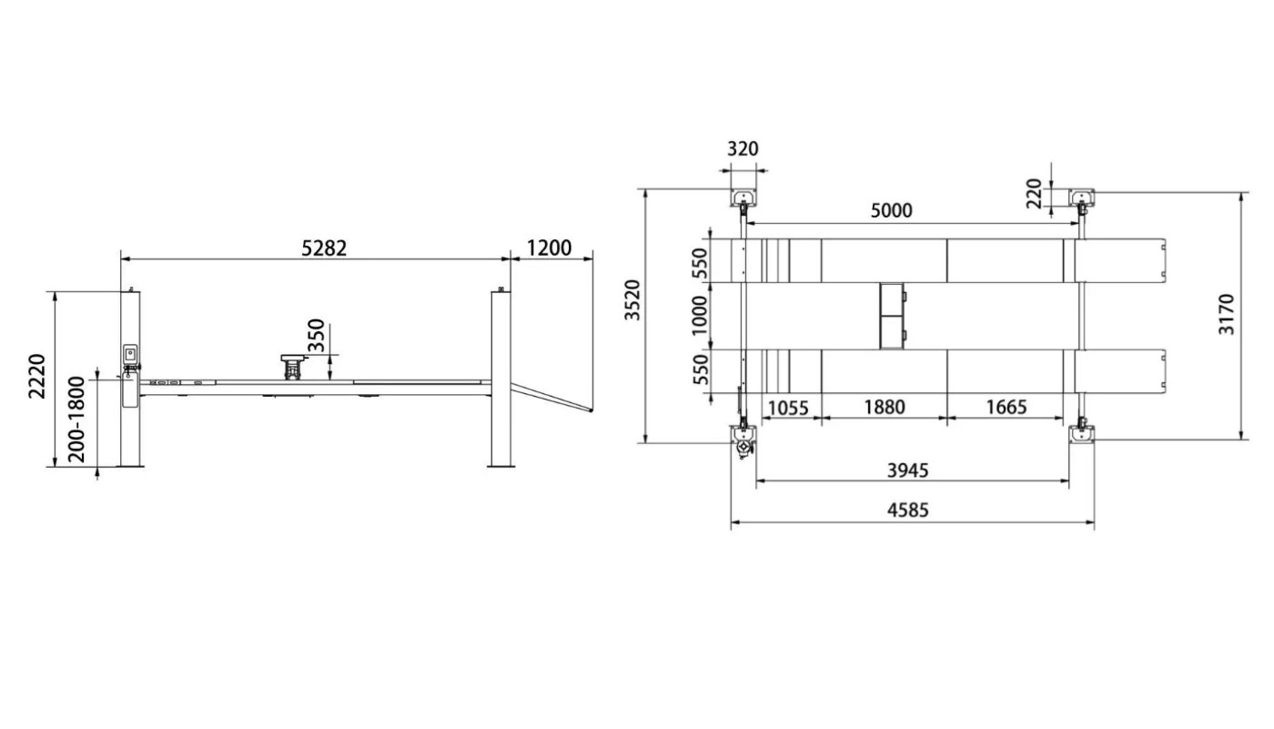 Pont élévateur 4 colonnes HG-4Z-60A — Dimensions (plan coté)