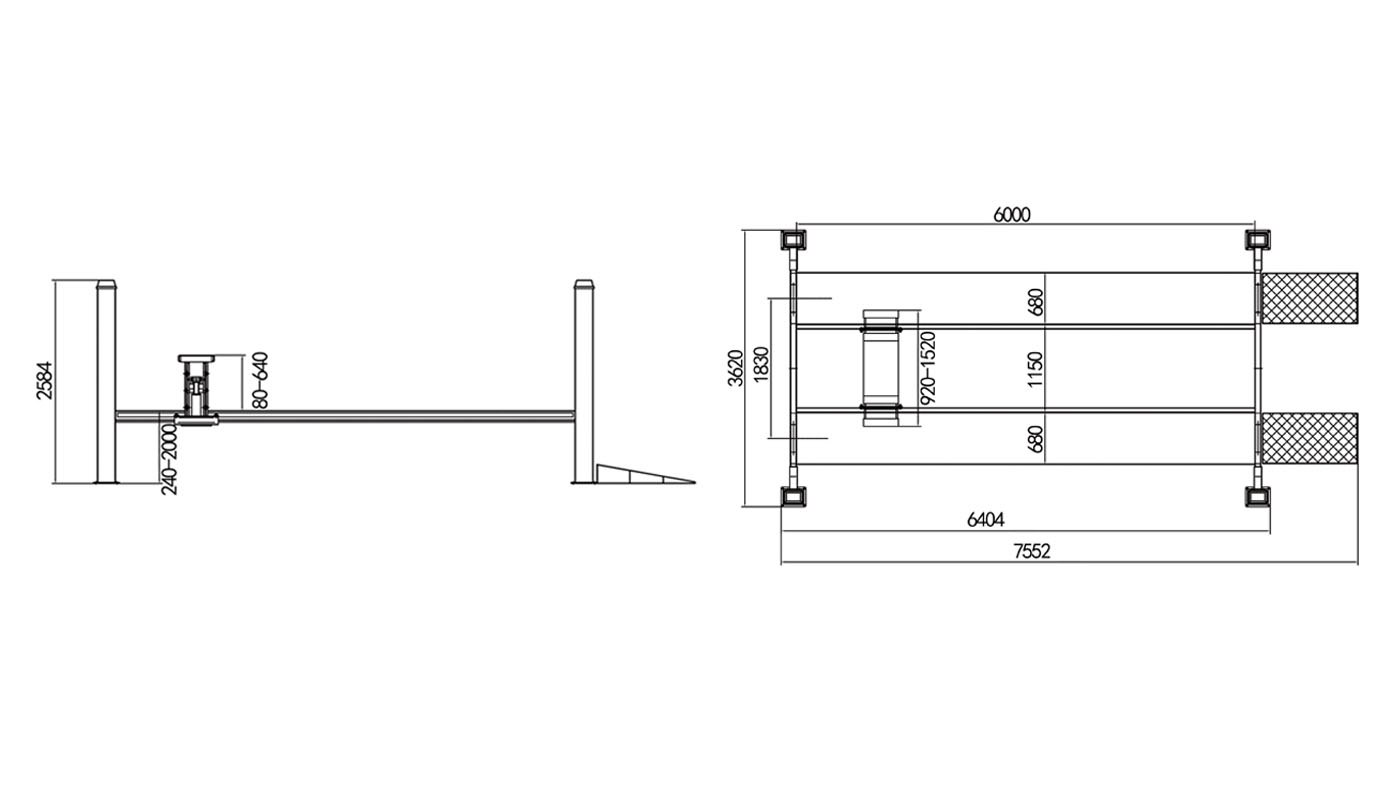 Pont 4 colonnes à plateaux plats HG-4Z-80B — Dimensions (plan coté)