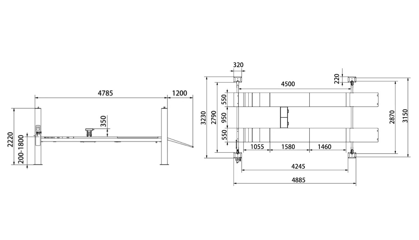 Pont 4 colonnes à déverrouillage électrique HG-4ZD-40A — Dimensions (plan coté)