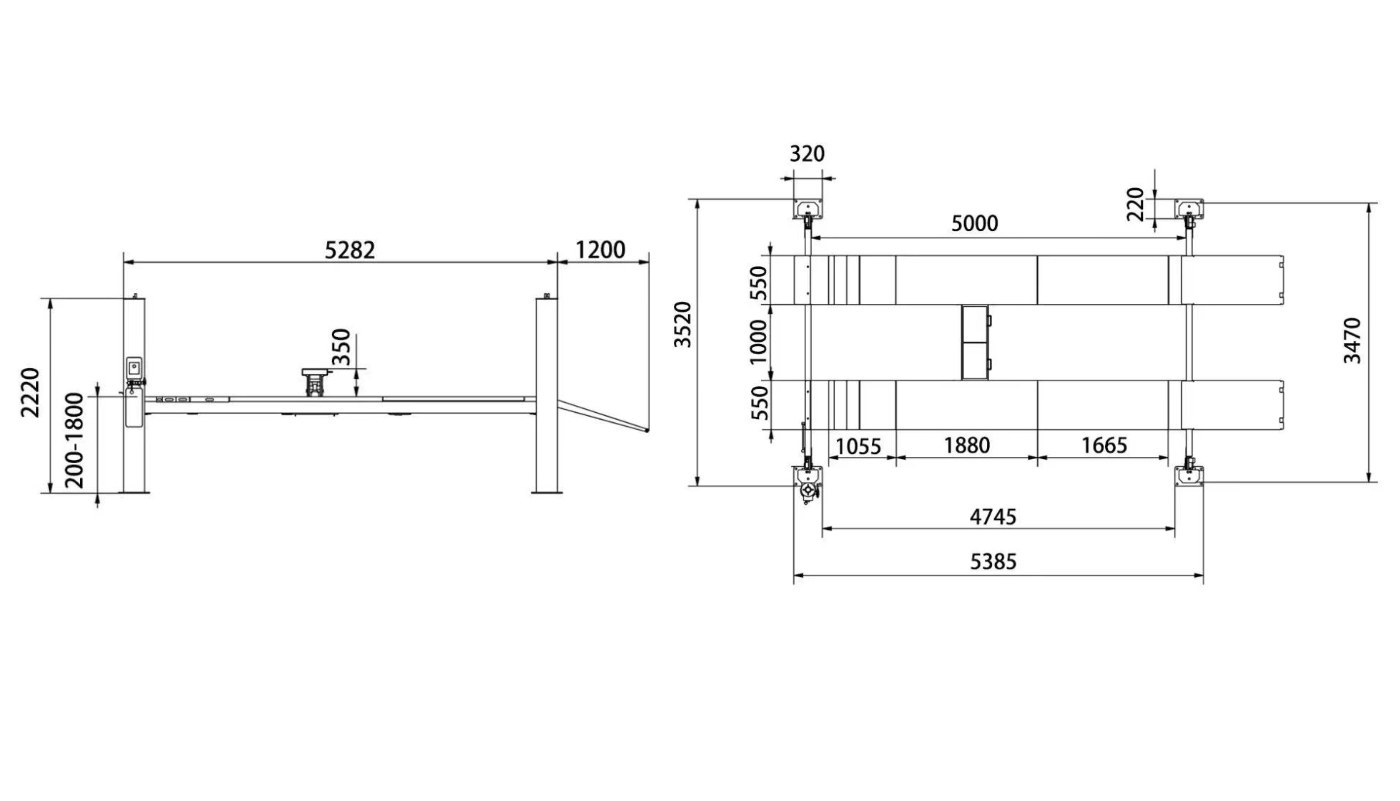 Pont 4 colonnes à déverrouillage électrique HG-4ZDP-50D — Dimensions (plan coté)