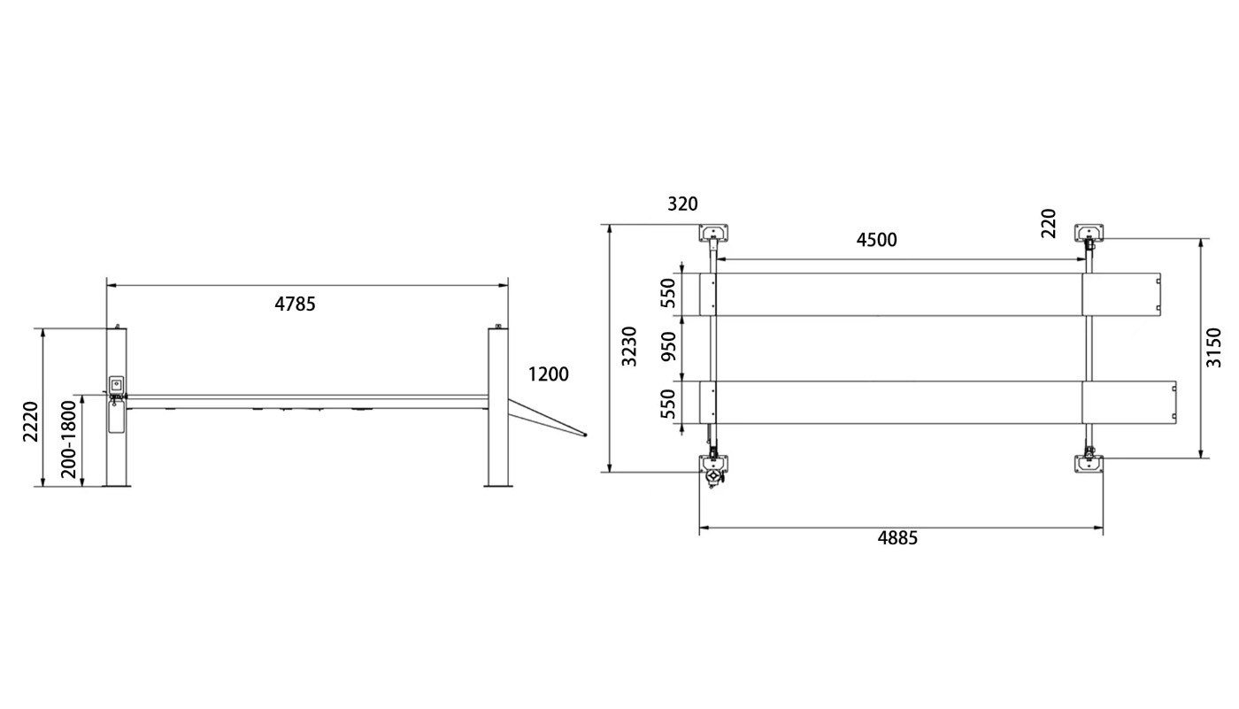 Pont 4 colonnes à plateaux plats HG-4ZP-40A — Dimensions (plan coté)