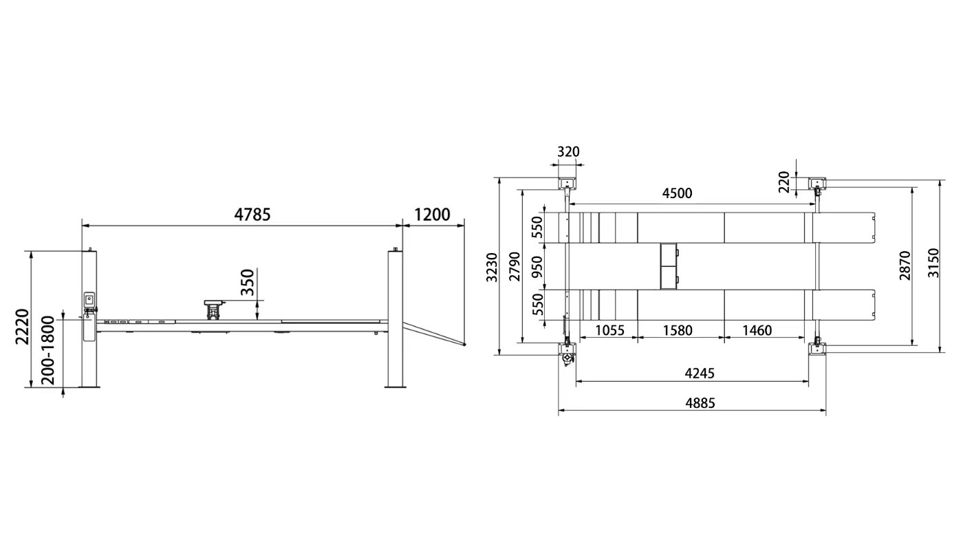 Pont 4 colonnes à déverrouillage pneumatique HG-4ZQD-40B — Dimensions (plan coté)
