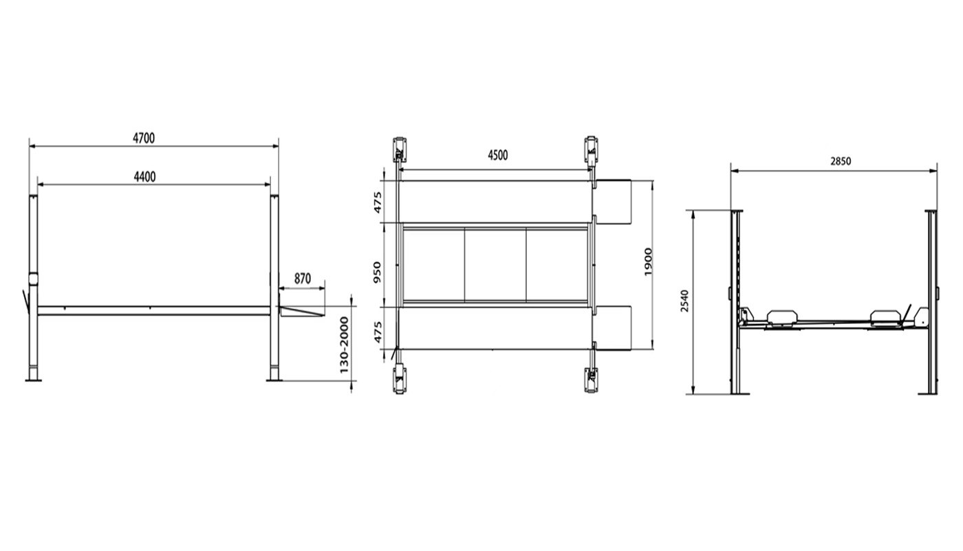 Pont de parking 4 colonnes à déverrouillage pneumatique HG-4ZT-40B — Dimensions (plan coté)