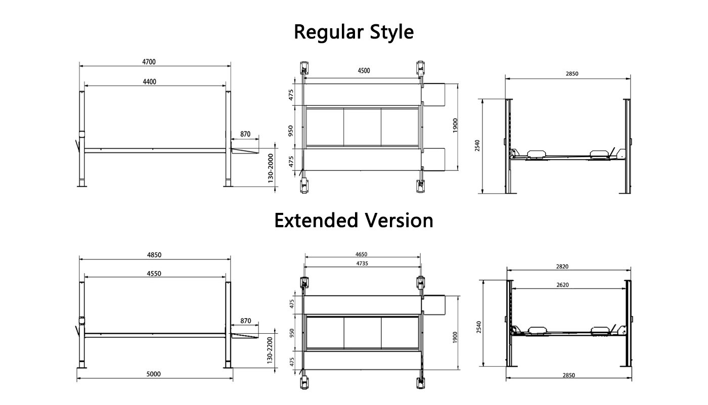 Pont de parking 4 colonnes à déverrouillage électrique HG-4ZT-40C — Dimensions (plan coté)