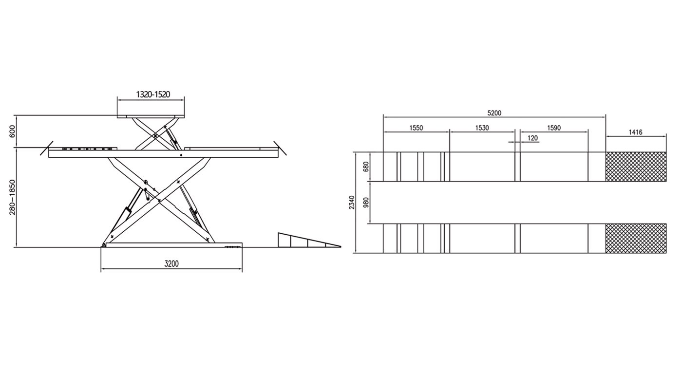 Pont ciseaux extra-plat HG-CZD-50B — Dimensions (plan coté)