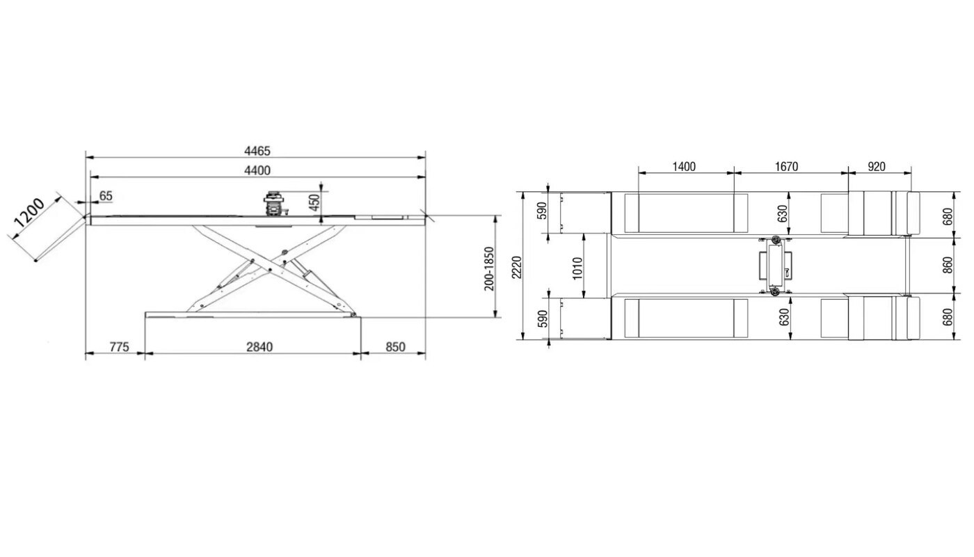 Pont ciseaux extra-plat à poulies HG-DCHG-40B — Dimensions (plan coté)