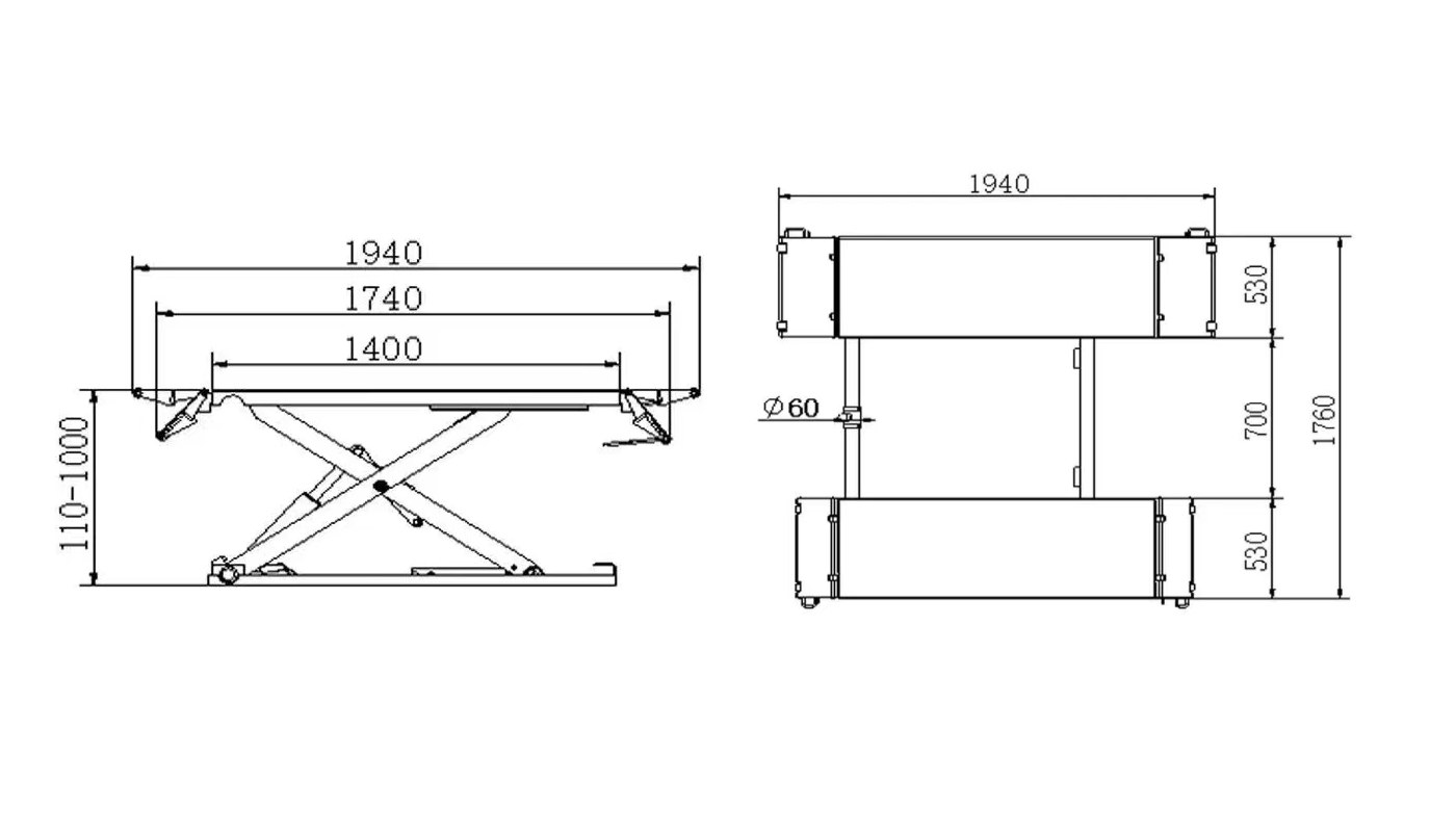 Pont ciseaux mi-hauteur HG-DX-30B — Dimensions (plan coté)