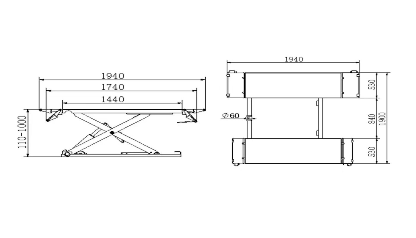 Pont ciseaux mi-hauteur HG-XZ-30B — Dimensions (plan coté)