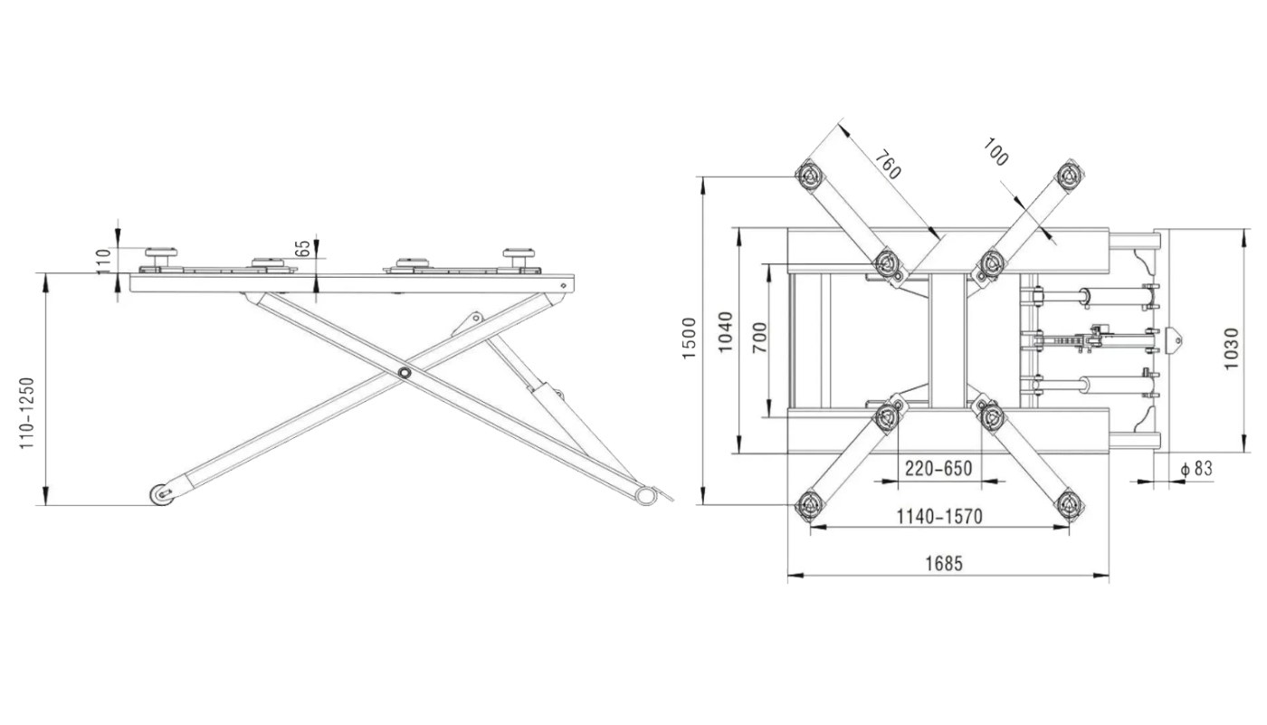 Pont ciseaux mi-hauteur HG-ZX-27B — Dimensions (plan coté)