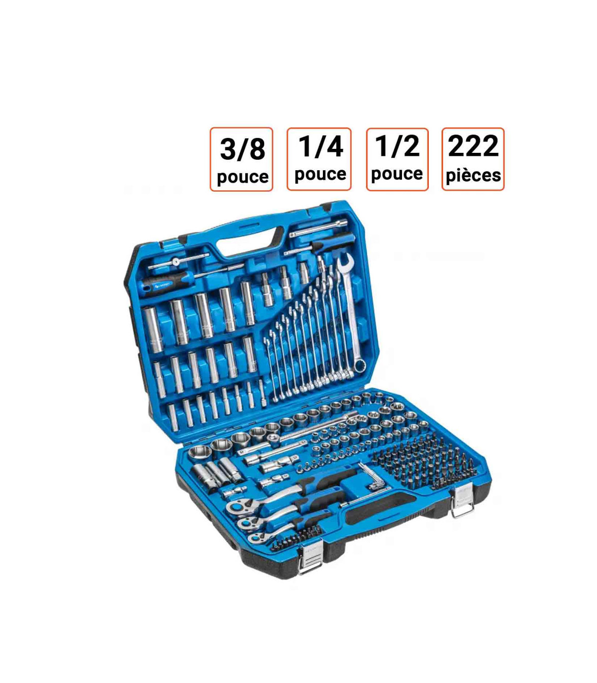 Coffret 222 outils avec cliquets 1/2 1/4 et 3/8 pouce. Hogert
