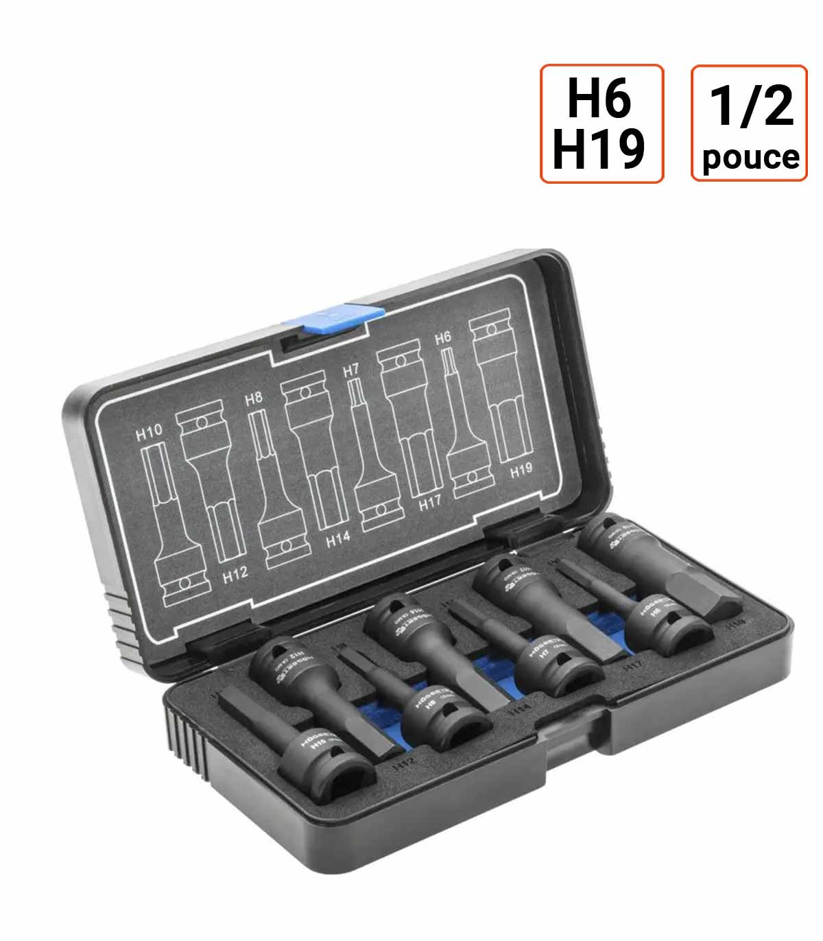 coffret douilles à chocs HEX, 8 pièces, 1/2 pouce H6-H19