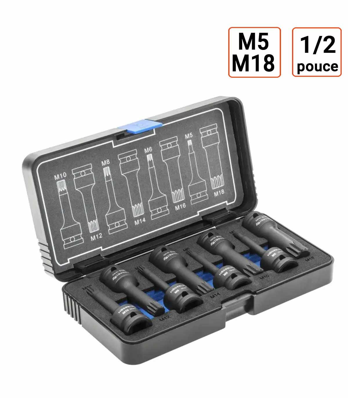 coffret de 8 douilles à chocs XZN 1/2 pouce M5 - M18