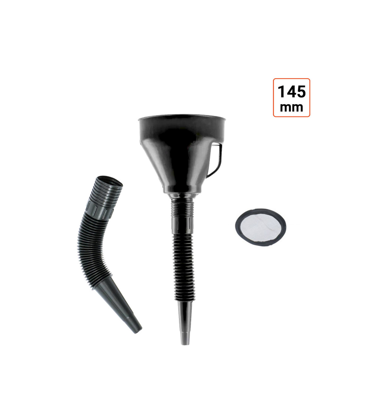 Entonnoir carburant 145 mm avec flexible et filtre en 3 parties