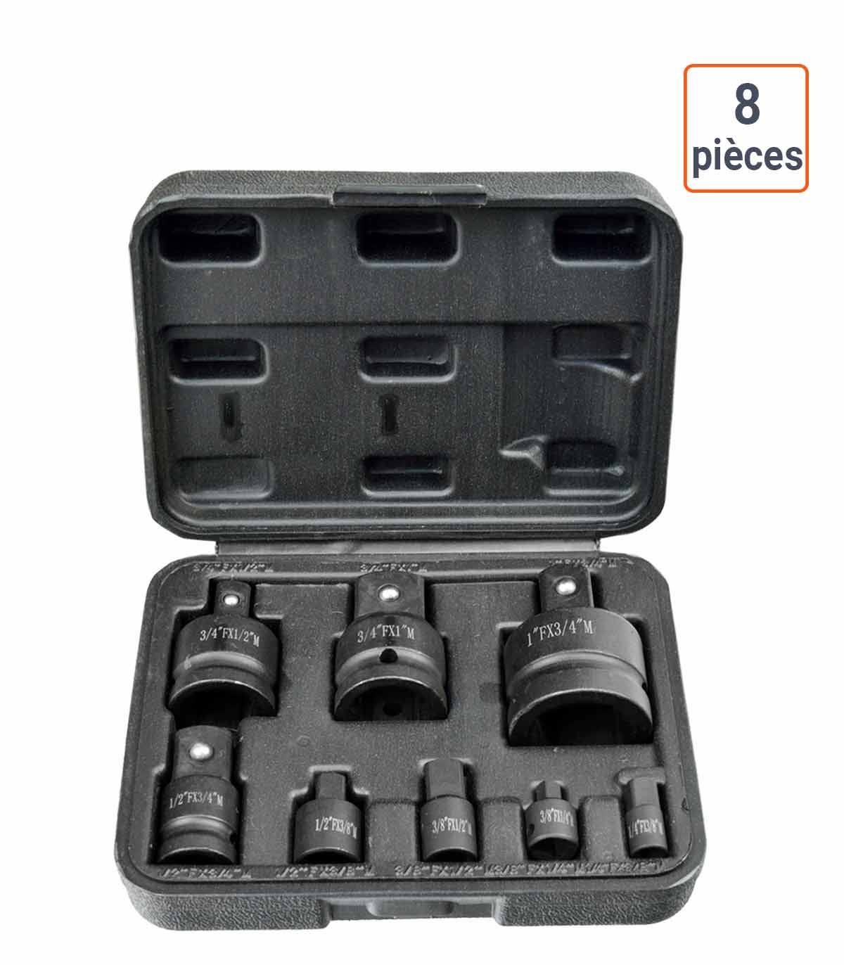 Coffret de 8 adaptateurs réducteurs à chocs vers 1/4 3/8 1/2 et 1 pouce