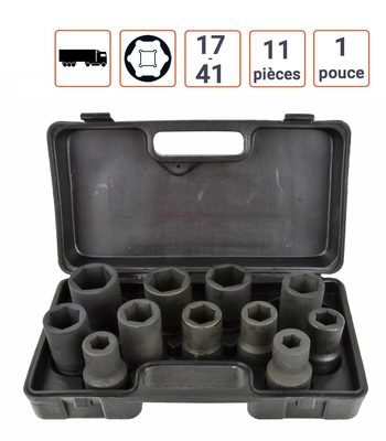 Coffret 11 douilles à choc 1 POUCE Longues de 17 à 41 mm