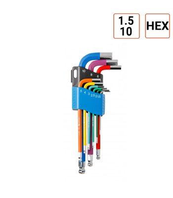 jeu de 9 Clés Allen couleur version longues de 1.5 à 10 mm
