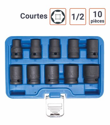 Coffret 10 douilles à choc 1/2 en 6 pans de 10 à 24 mm