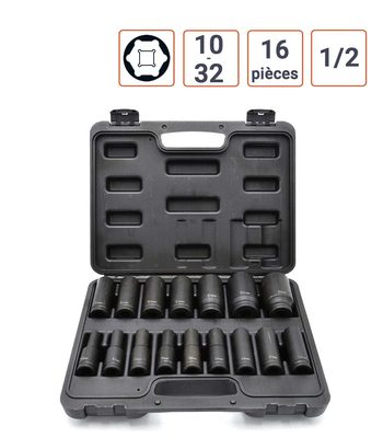 Coffret 16 douilles à choc 1/2 Longues de 10 à 32 mm