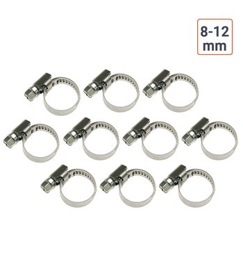 10 colliers à vis inoxydable pour tuyau 8 à 12 mm